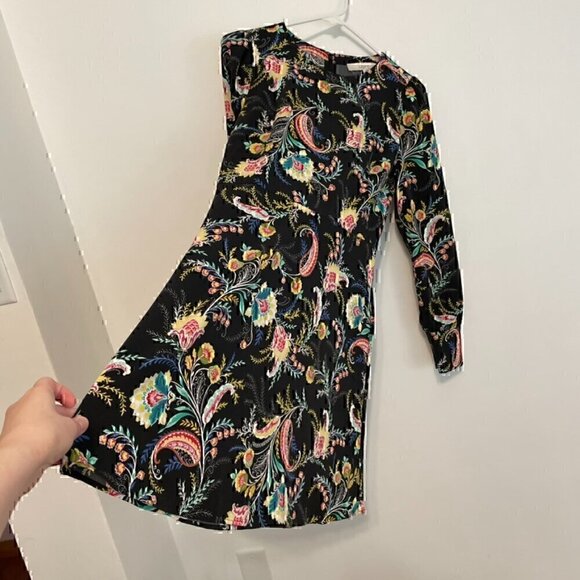 ANN TAYLOR LOFT Floral Flare Dress Black Multi Boho Long Sleeve Fit Flare Dress - Picture 9 of 14